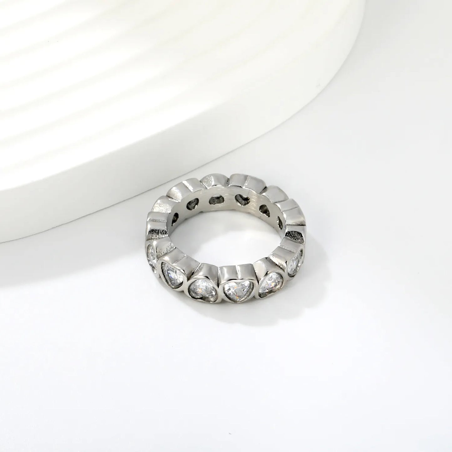 Full Eternity Heart Cut CZ Band Ring | 2 Finishes Gold & Silver | Sizes 6/7/8 | 5mm Width | Hypoallergenic Stainless Steel Ring | Wholesale MOQ 12