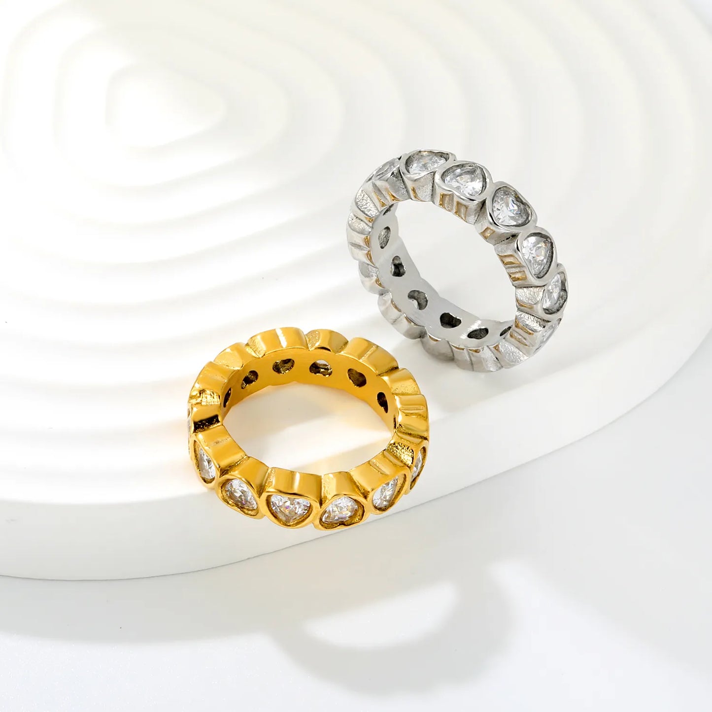 Full Eternity Heart Cut CZ Band Ring | 2 Finishes Gold & Silver | Sizes 6/7/8 | 5mm Width | Hypoallergenic Stainless Steel Ring | Wholesale MOQ 12