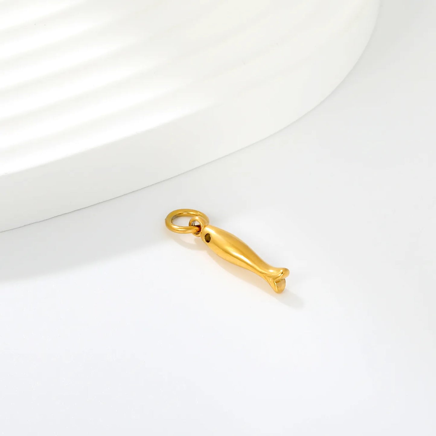 Mini Smooth Fish Shape Charm Pendant with Jump Ring | 18K Gold Plated Stainless Steel Ocean Animal Dangle Charm for DIY Necklace Bracelet Jewelry Making | Wholesale MOQ 12