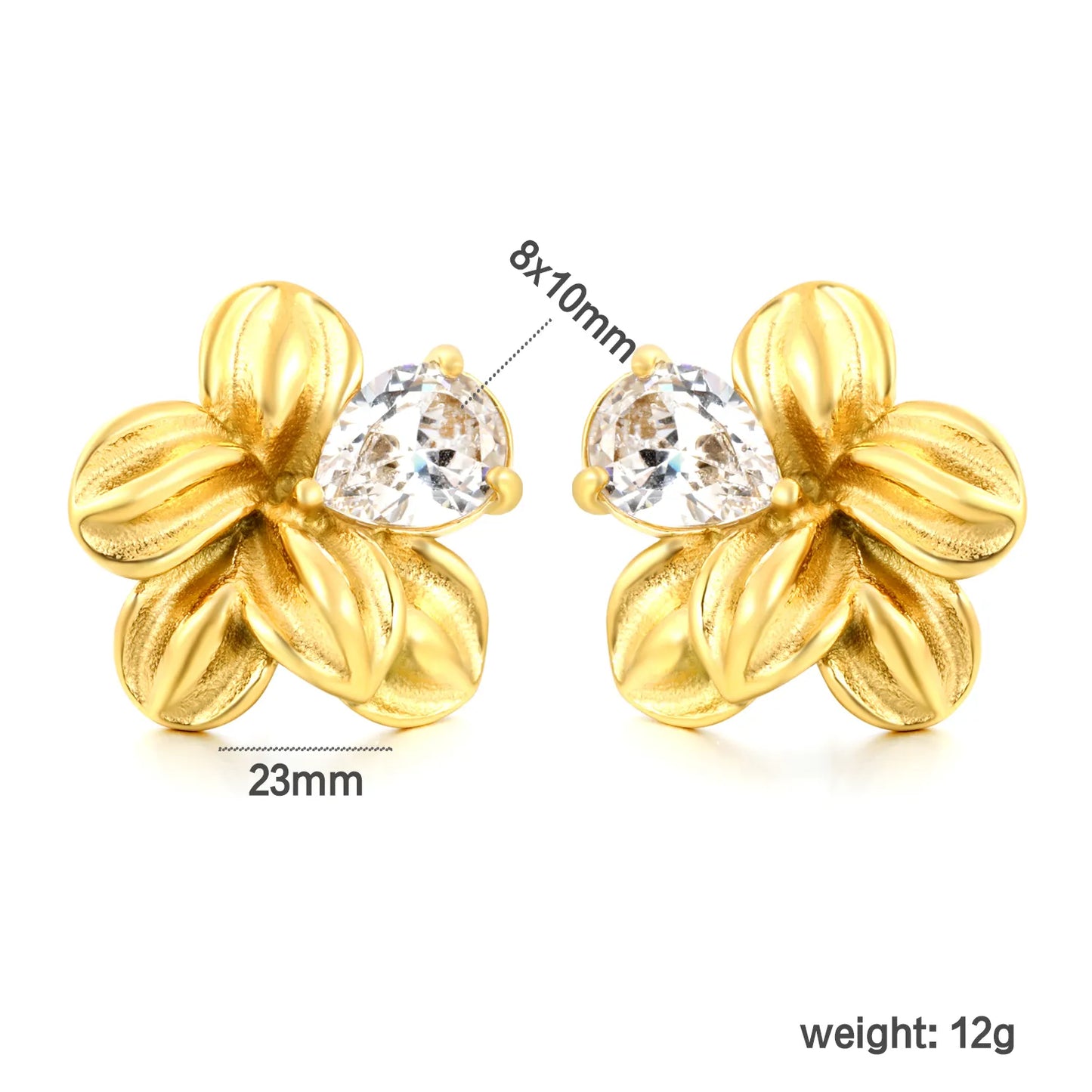 Matte Five-Petal Plumeria Flower Stud Earrings with Pear CZ | 18K Gold Plated Hypoallergenic Stainless Steel Floral Statement Earrings | Wholesale MOQ 12
