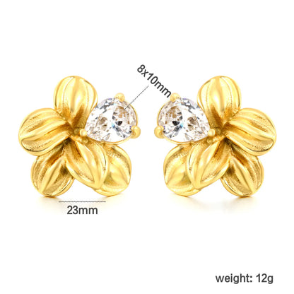 Matte Five-Petal Plumeria Flower Stud Earrings with Pear CZ | 18K Gold Plated Hypoallergenic Stainless Steel Floral Statement Earrings | Wholesale MOQ 12