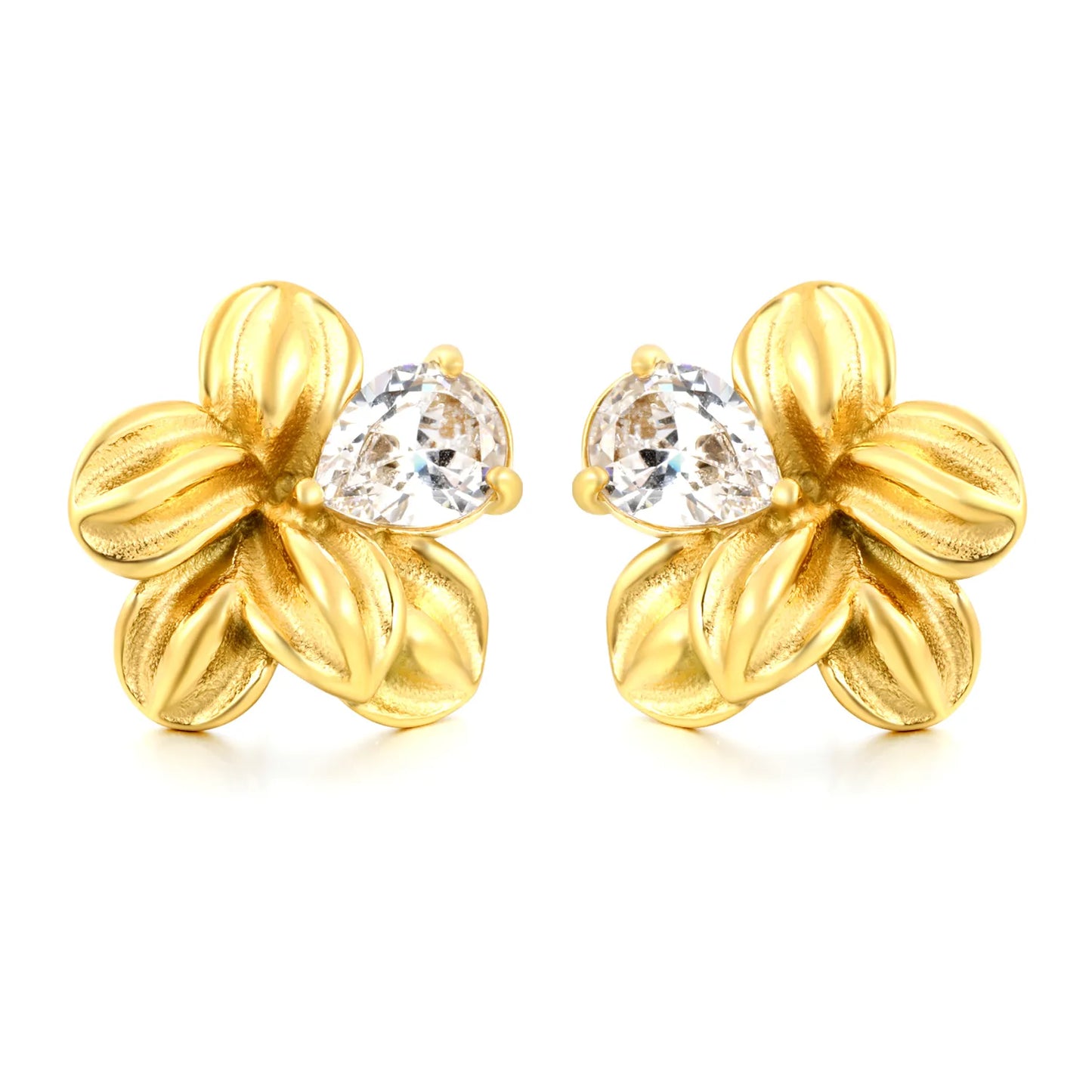 Matte Five-Petal Plumeria Flower Stud Earrings with Pear CZ | 18K Gold Plated Hypoallergenic Stainless Steel Floral Statement Earrings | Wholesale MOQ 12