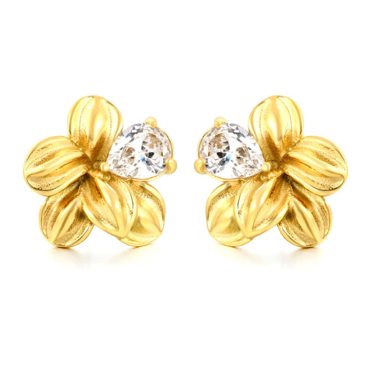 Matte Five-Petal Plumeria Flower Stud Earrings with Pear CZ | 18K Gold Plated Hypoallergenic Stainless Steel Floral Statement Earrings | Wholesale MOQ 12
