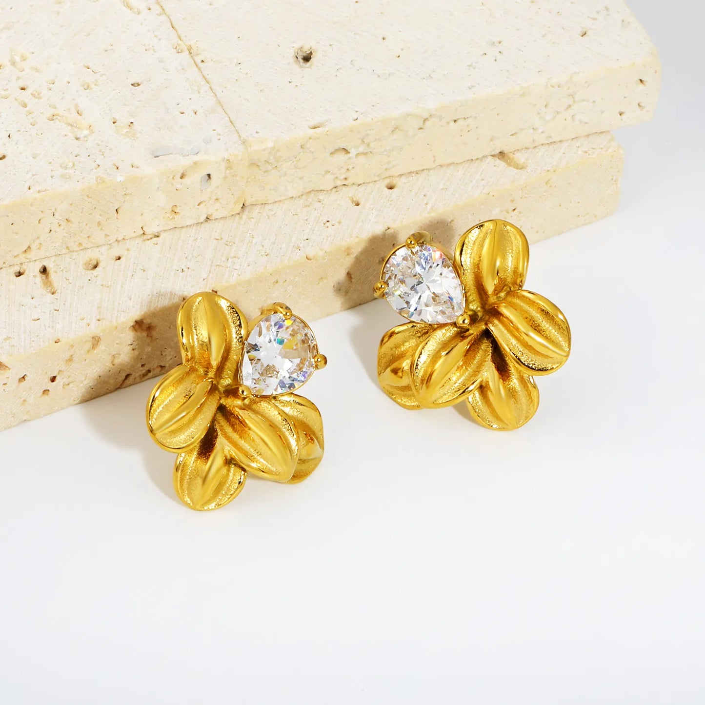 Matte Five-Petal Plumeria Flower Stud Earrings with Pear CZ | 18K Gold Plated Hypoallergenic Stainless Steel Floral Statement Earrings | Wholesale MOQ 12
