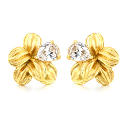 Matte Five-Petal Plumeria Flower Stud Earrings with Pear CZ | 18K Gold Plated Hypoallergenic Stainless Steel Floral Statement Earrings | Wholesale MOQ 12