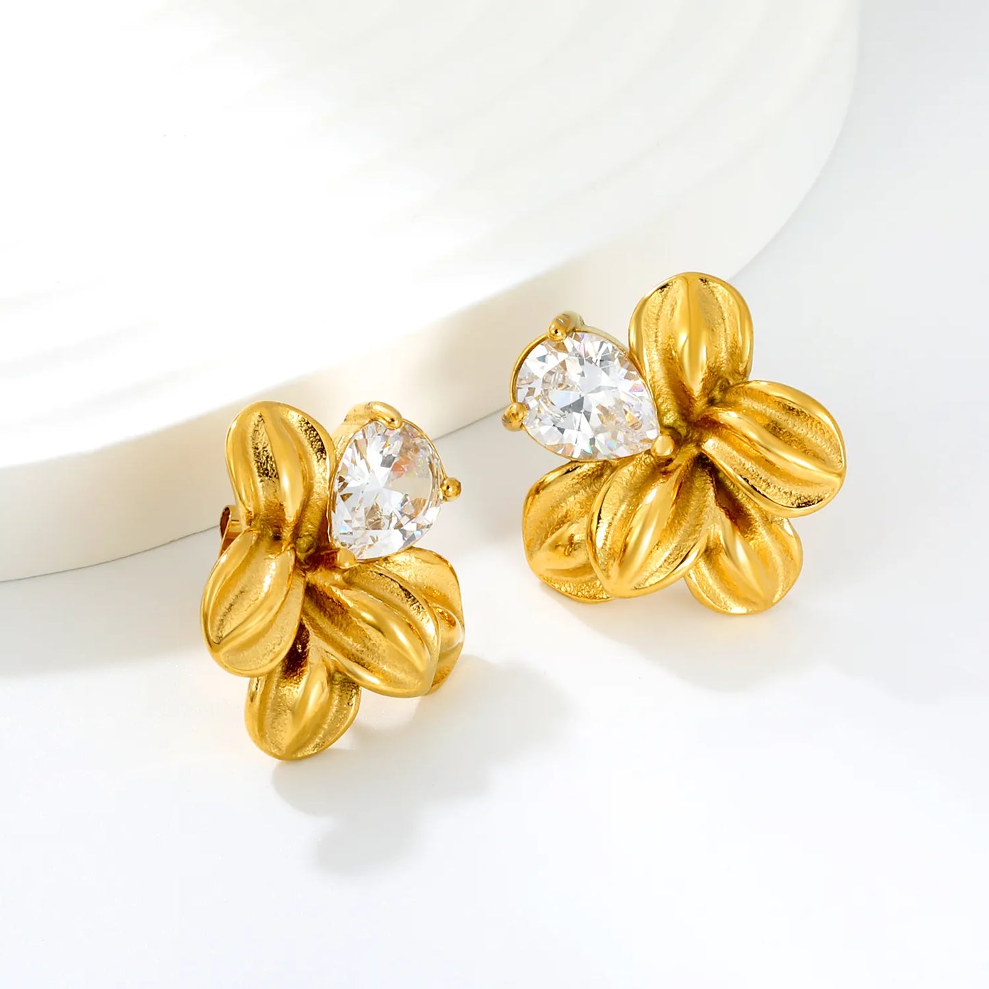 Matte Five-Petal Plumeria Flower Stud Earrings with Pear CZ | 18K Gold Plated Hypoallergenic Stainless Steel Floral Statement Earrings | Wholesale MOQ 12