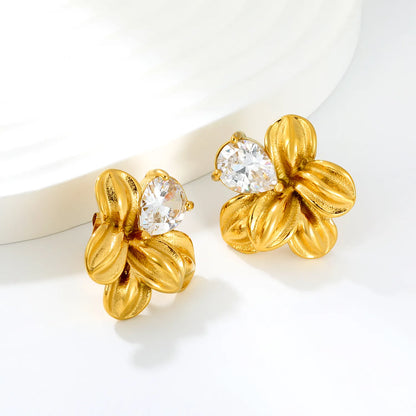 Matte Five-Petal Plumeria Flower Stud Earrings with Pear CZ | 18K Gold Plated Hypoallergenic Stainless Steel Floral Statement Earrings | Wholesale MOQ 12