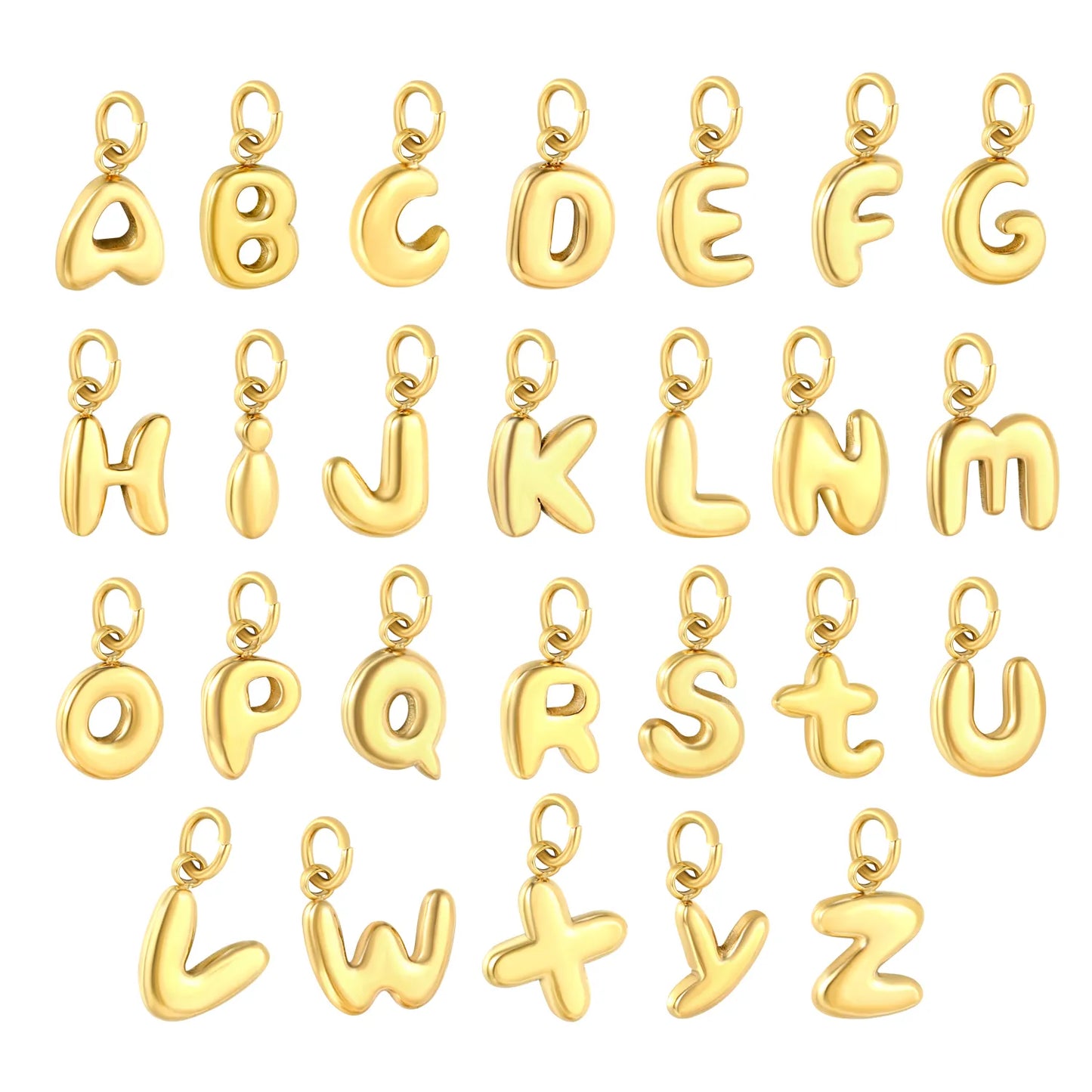 Bubble Bold 26 Alphabet Letter Charms | A-Z Full Set 18K Gold Plated Stainless Steel Pendant Charms for DIY Jewelry Making | Wholesale MOQ 12
