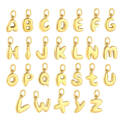 Bubble Bold 26 Alphabet Letter Charms | A-Z Full Set 18K Gold Plated Stainless Steel Pendant Charms for DIY Jewelry Making | Wholesale MOQ 12