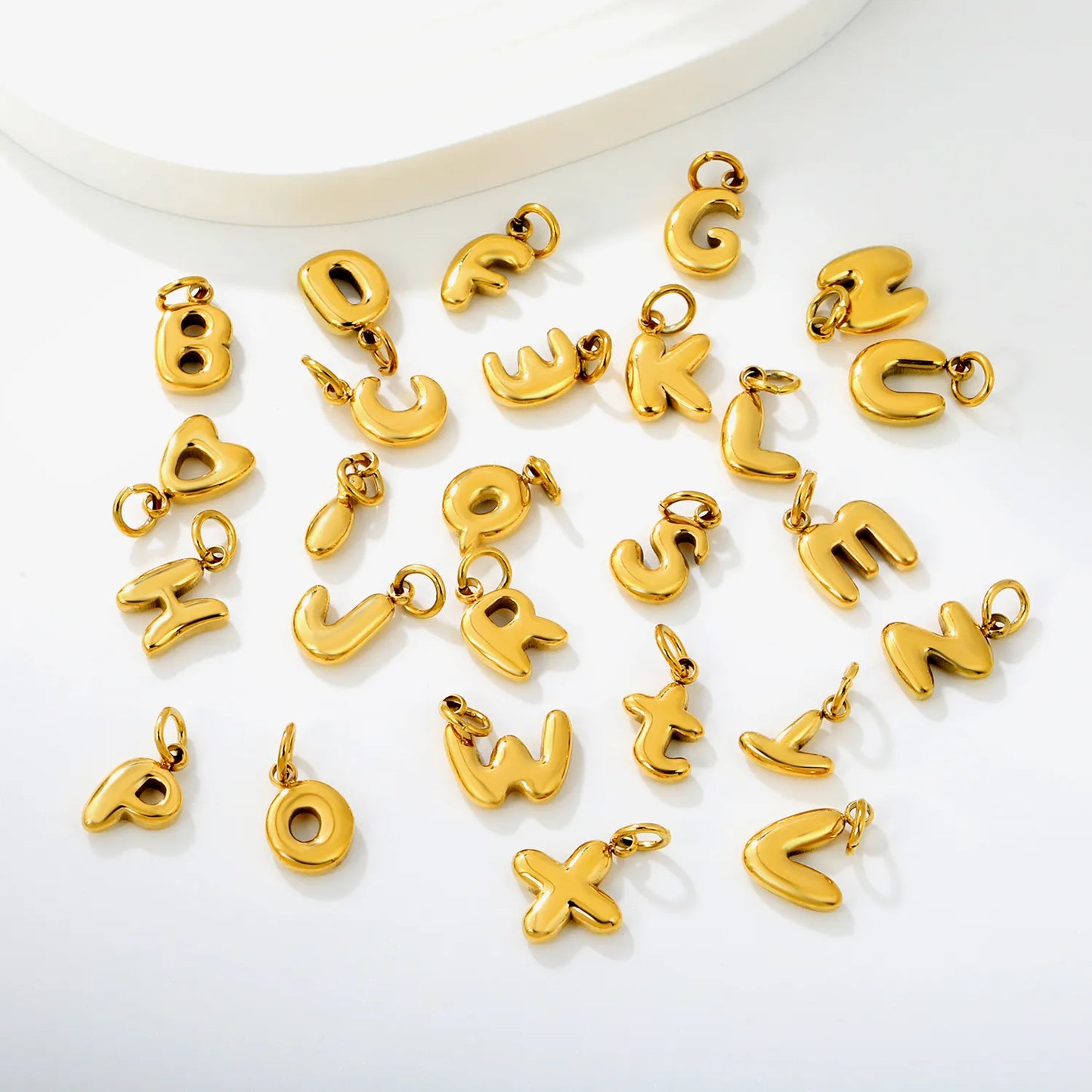 Bubble Bold 26 Alphabet Letter Charms | A-Z Full Set 18K Gold Plated Stainless Steel Pendant Charms for DIY Jewelry Making | Wholesale MOQ 12
