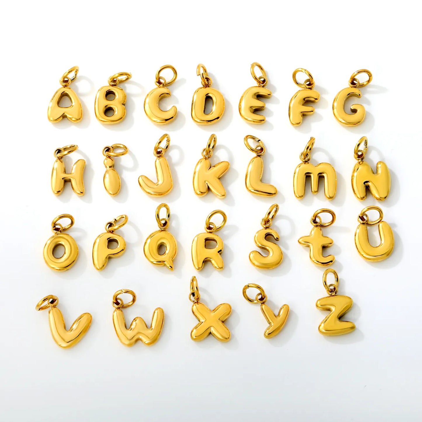 Bubble Bold 26 Alphabet Letter Charms | A-Z Full Set 18K Gold Plated Stainless Steel Pendant Charms for DIY Jewelry Making | Wholesale MOQ 12