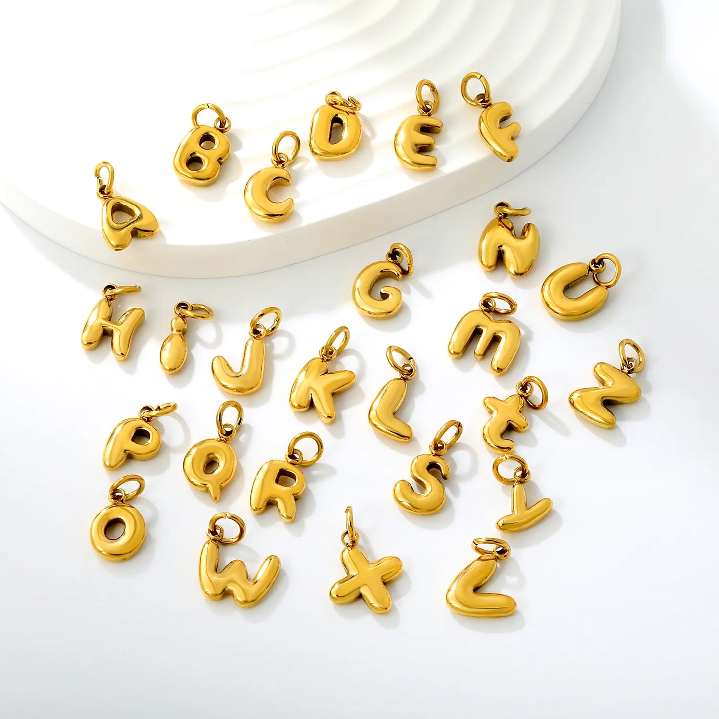 Bubble Bold 26 Alphabet Letter Charms | A-Z Full Set 18K Gold Plated Stainless Steel Pendant Charms for DIY Jewelry Making | Wholesale MOQ 12