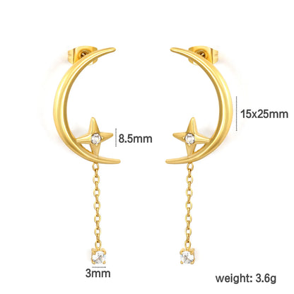 Crescent Moon Star Dangle Drop Stud Earrings | 18K Gold Plated Hypoallergenic Stainless Steel  | Wholesale MOQ 12