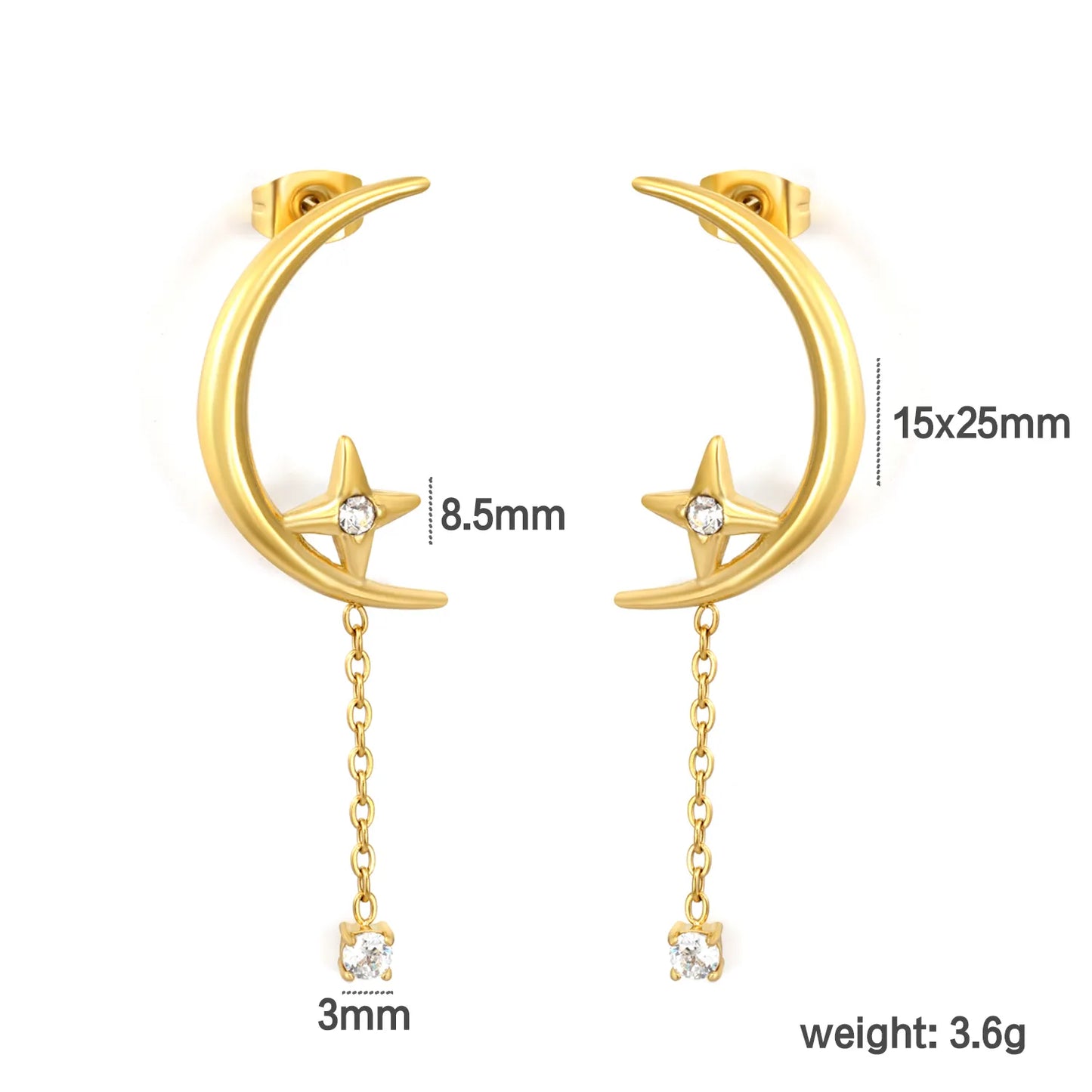 Crescent Moon Star Dangle Drop Stud Earrings | 18K Gold Plated Hypoallergenic Stainless Steel  | Wholesale MOQ 12