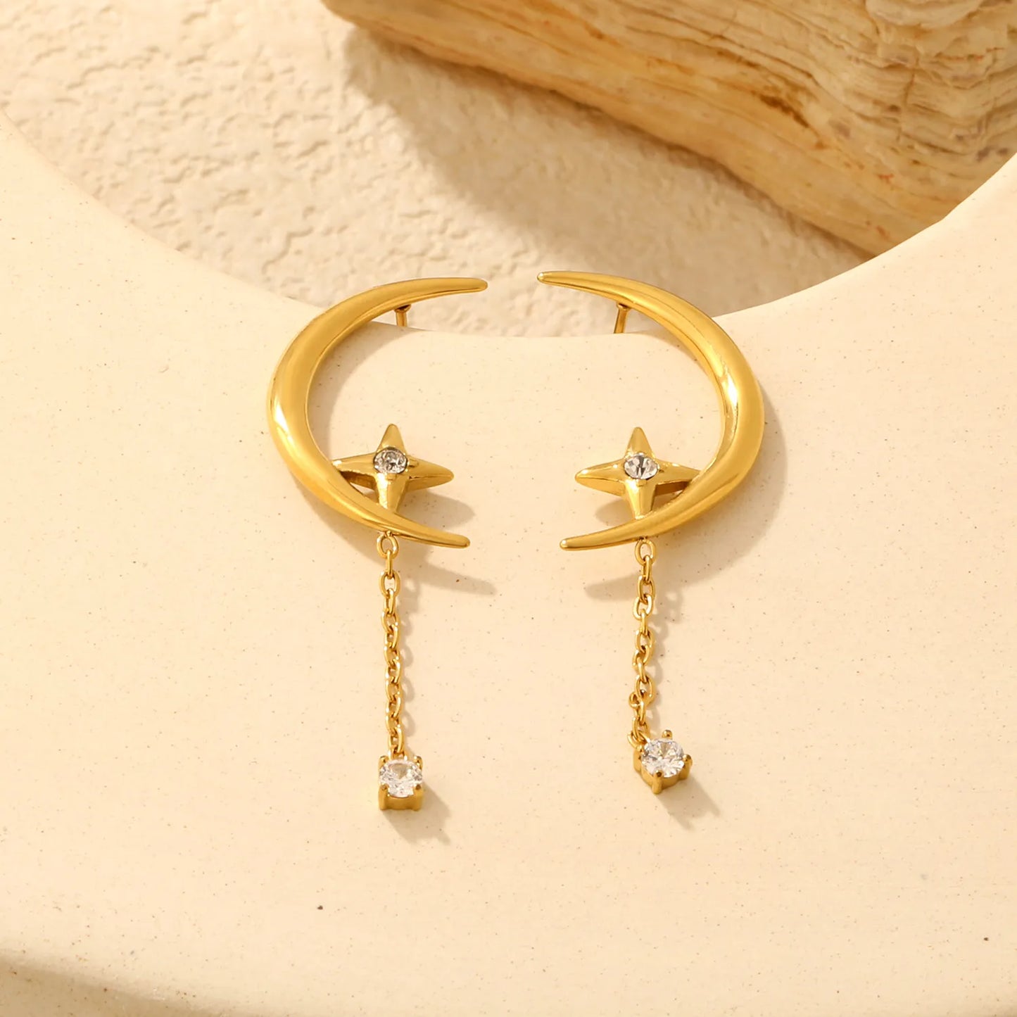 Crescent Moon Star Dangle Drop Stud Earrings | 18K Gold Plated Hypoallergenic Stainless Steel  | Wholesale MOQ 12