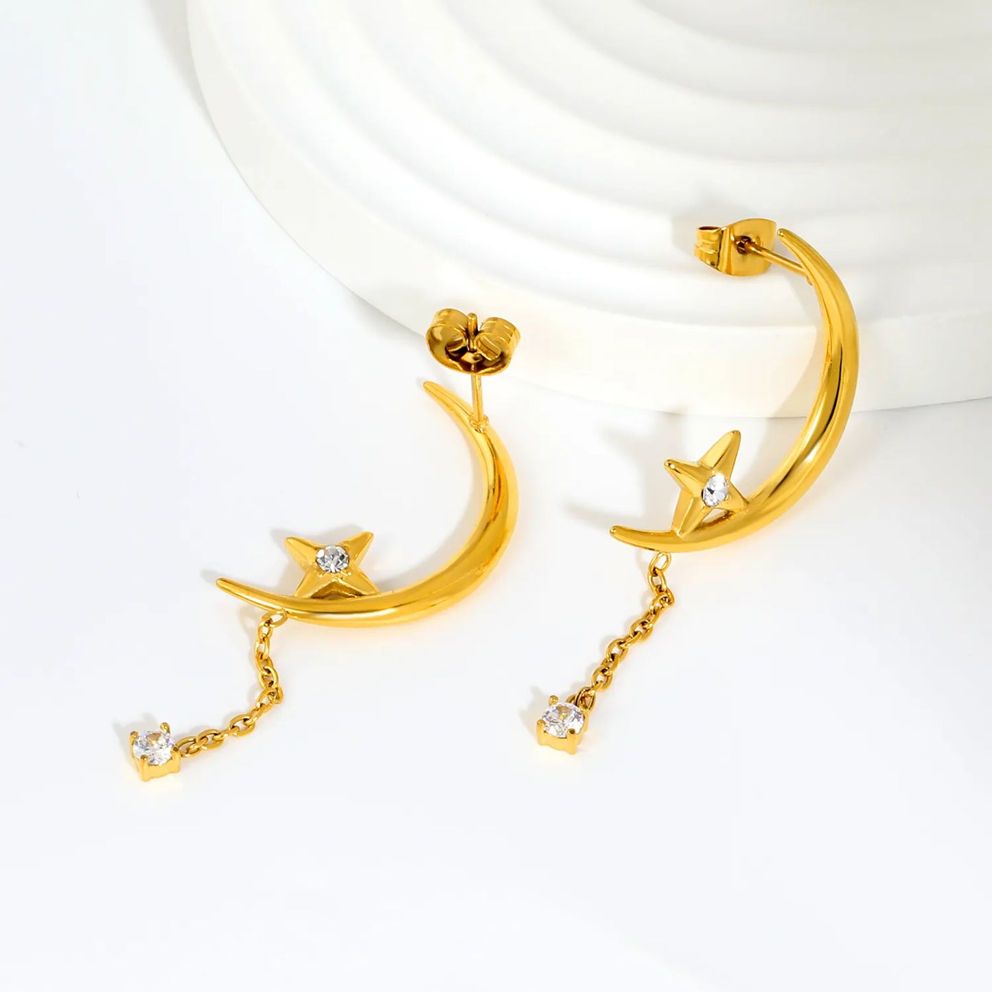 Crescent Moon Star Dangle Drop Stud Earrings | 18K Gold Plated Hypoallergenic Stainless Steel  | Wholesale MOQ 12