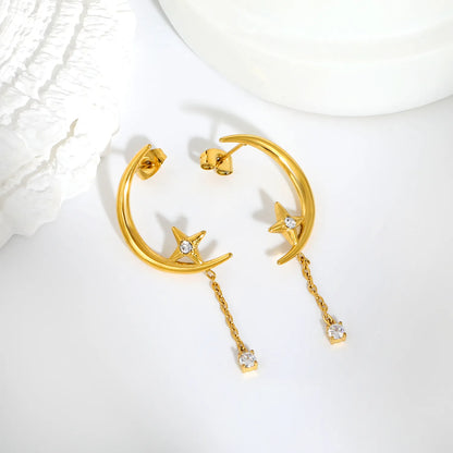 Crescent Moon Star Dangle Drop Stud Earrings | 18K Gold Plated Hypoallergenic Stainless Steel  | Wholesale MOQ 12