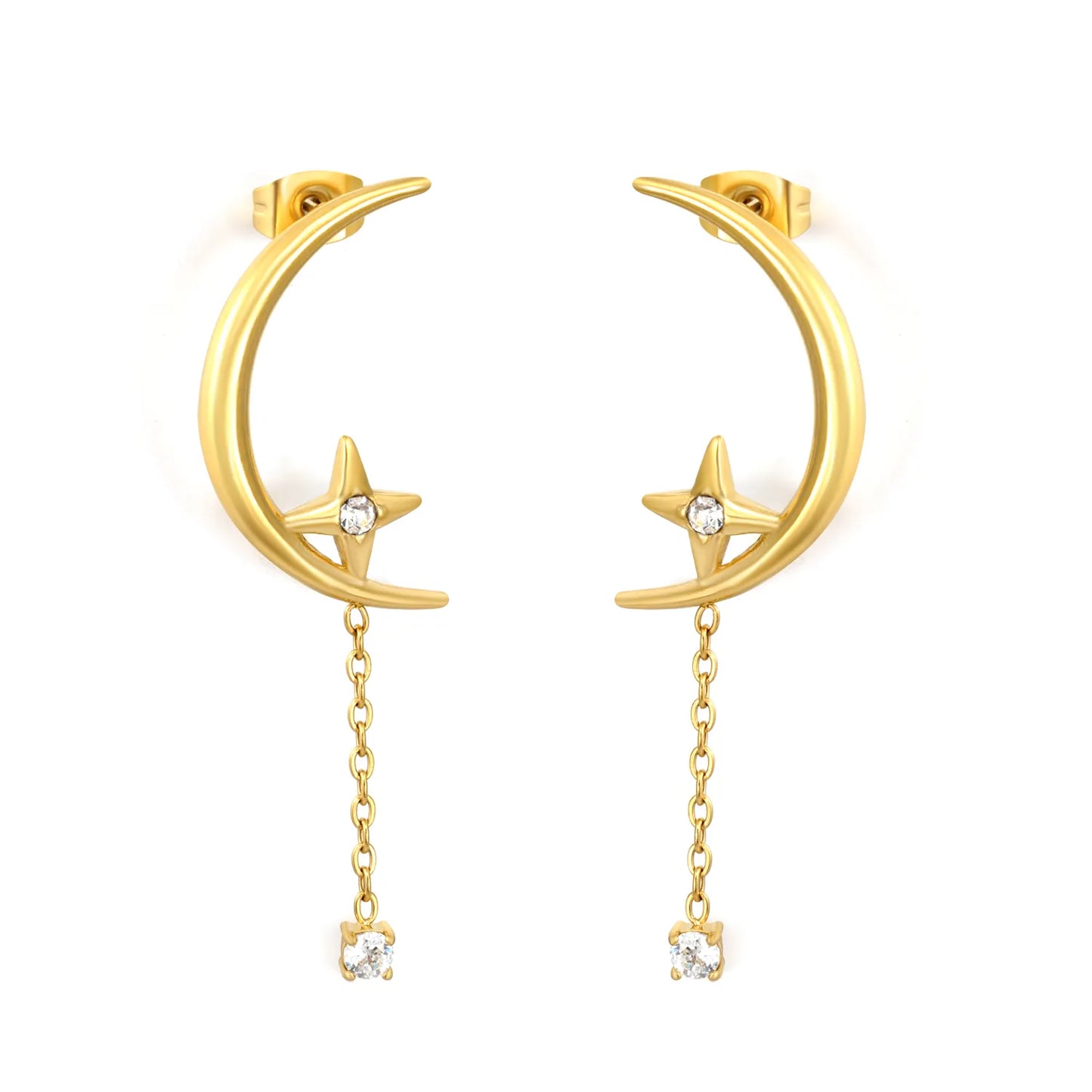 Crescent Moon Star Dangle Drop Stud Earrings | 18K Gold Plated Hypoallergenic Stainless Steel  | Wholesale MOQ 12