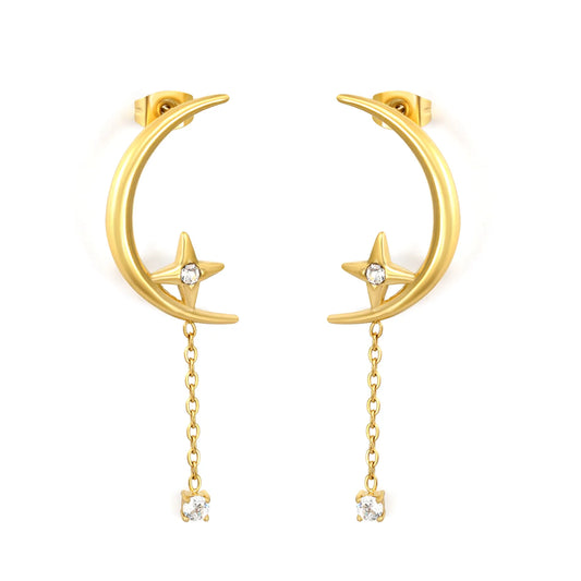 Crescent Moon Star Dangle Drop Stud Earrings | 18K Gold Plated Hypoallergenic Stainless Steel  | Wholesale MOQ 12