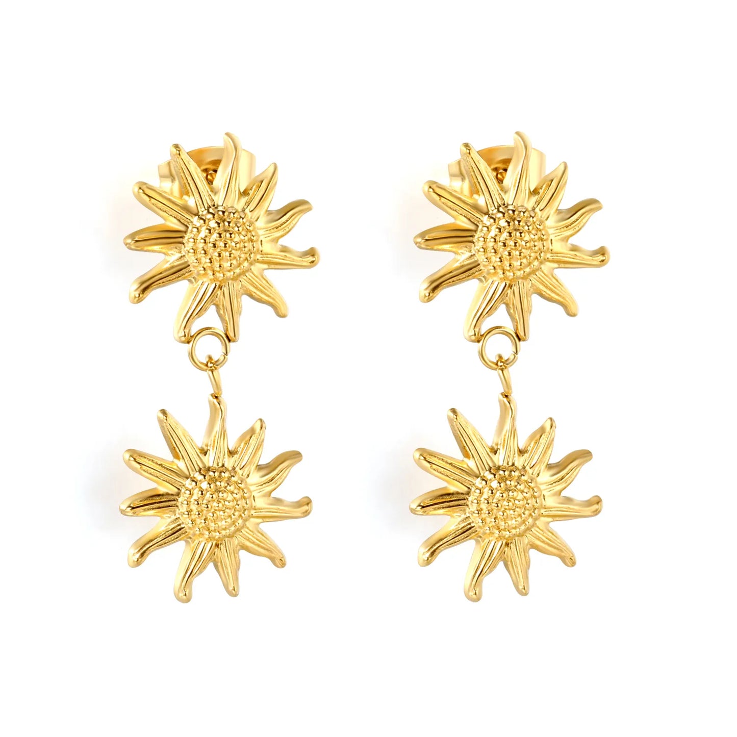 Dual Embossed Sunflower Dangle Stud Earrings | 18K Gold Plated Stainless Steel Earrings MOQ 12 Pieces