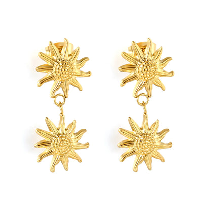 Dual Embossed Sunflower Dangle Stud Earrings | 18K Gold Plated Stainless Steel Earrings MOQ 12 Pieces
