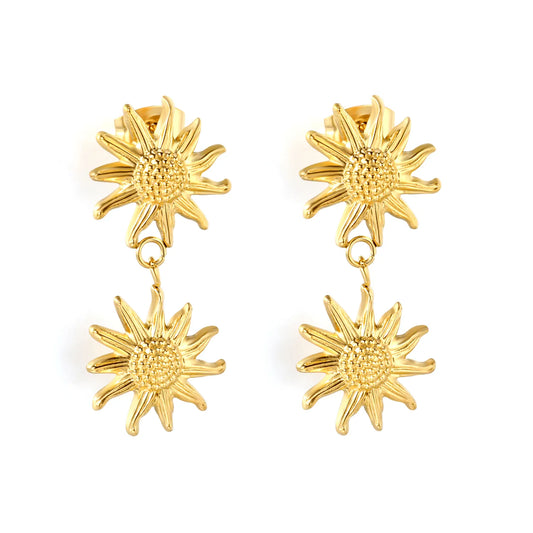 Dual Embossed Sunflower Dangle Stud Earrings | 18K Gold Plated Stainless Steel Earrings MOQ 12 Pieces
