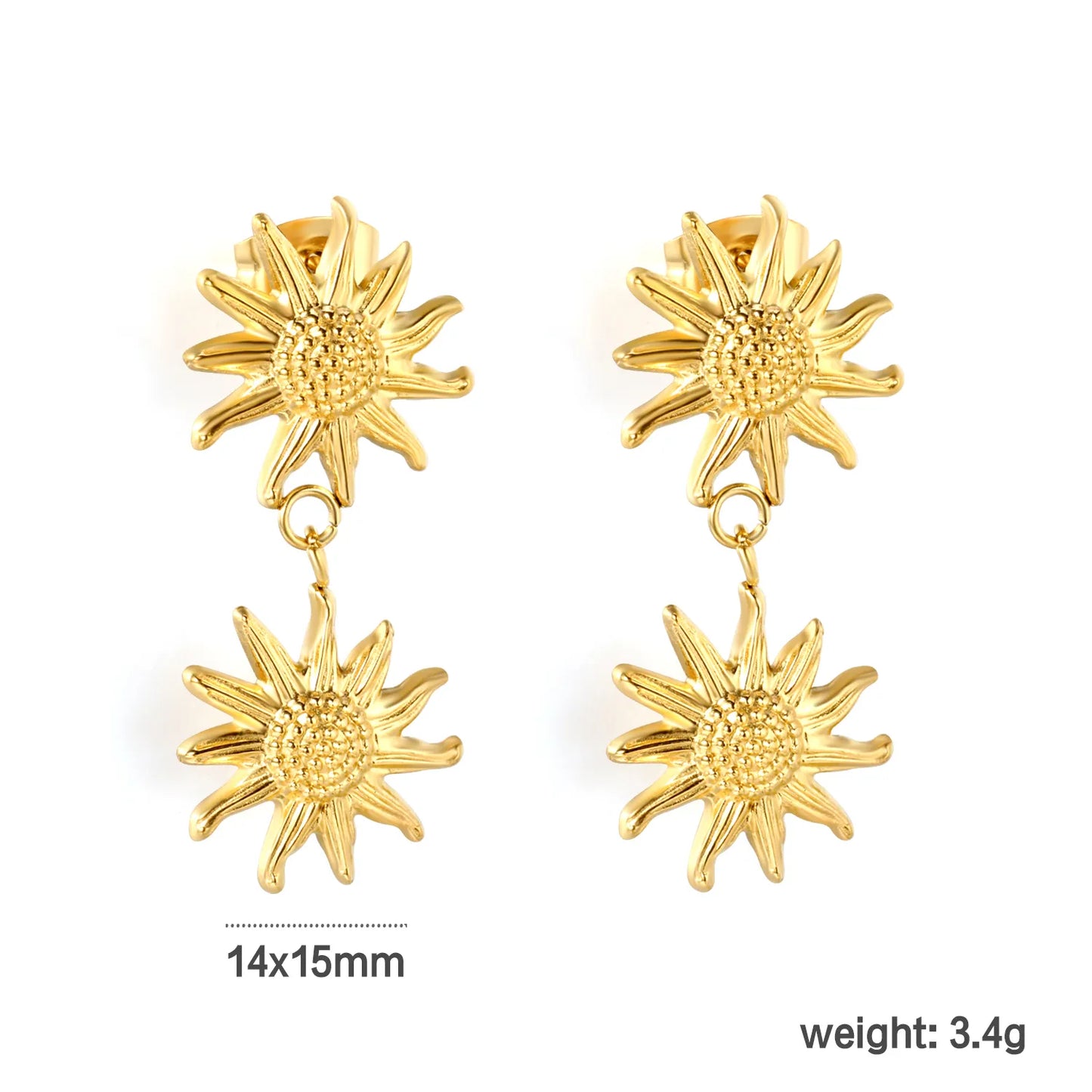 Dual Embossed Sunflower Dangle Stud Earrings | 18K Gold Plated Stainless Steel Earrings MOQ 12 Pieces