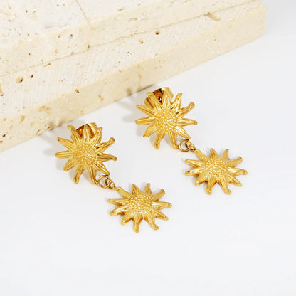 Dual Embossed Sunflower Dangle Stud Earrings | 18K Gold Plated Stainless Steel Earrings MOQ 12 Pieces