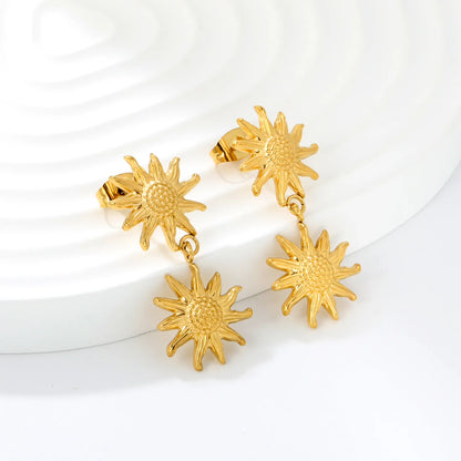 Dual Embossed Sunflower Dangle Stud Earrings | 18K Gold Plated Stainless Steel Earrings MOQ 12 Pieces