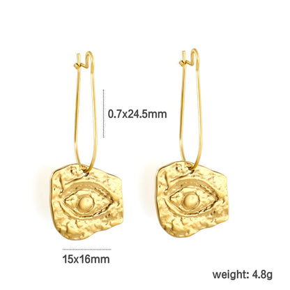 18K Gold Plated Stainless Steel Irregular Hammered Evil Eye Wire Hook Drop Earrings | Vintage Textured Eye Dangle Earrings | Wholesale MOQ 12