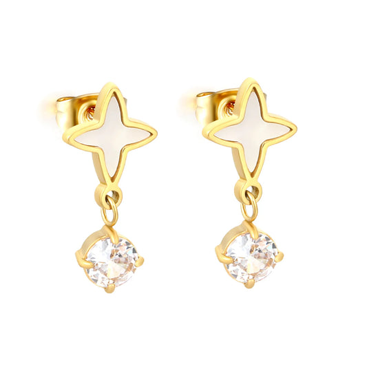Four Point Star White Enamel Drop Stud Earrings | 18K Gold Plated Stainless Steel | Wholesale MOQ 12