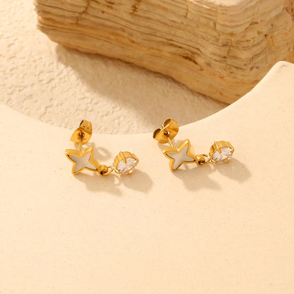 Four Point Star White Enamel Drop Stud Earrings | 18K Gold Plated Stainless Steel | Wholesale MOQ 12