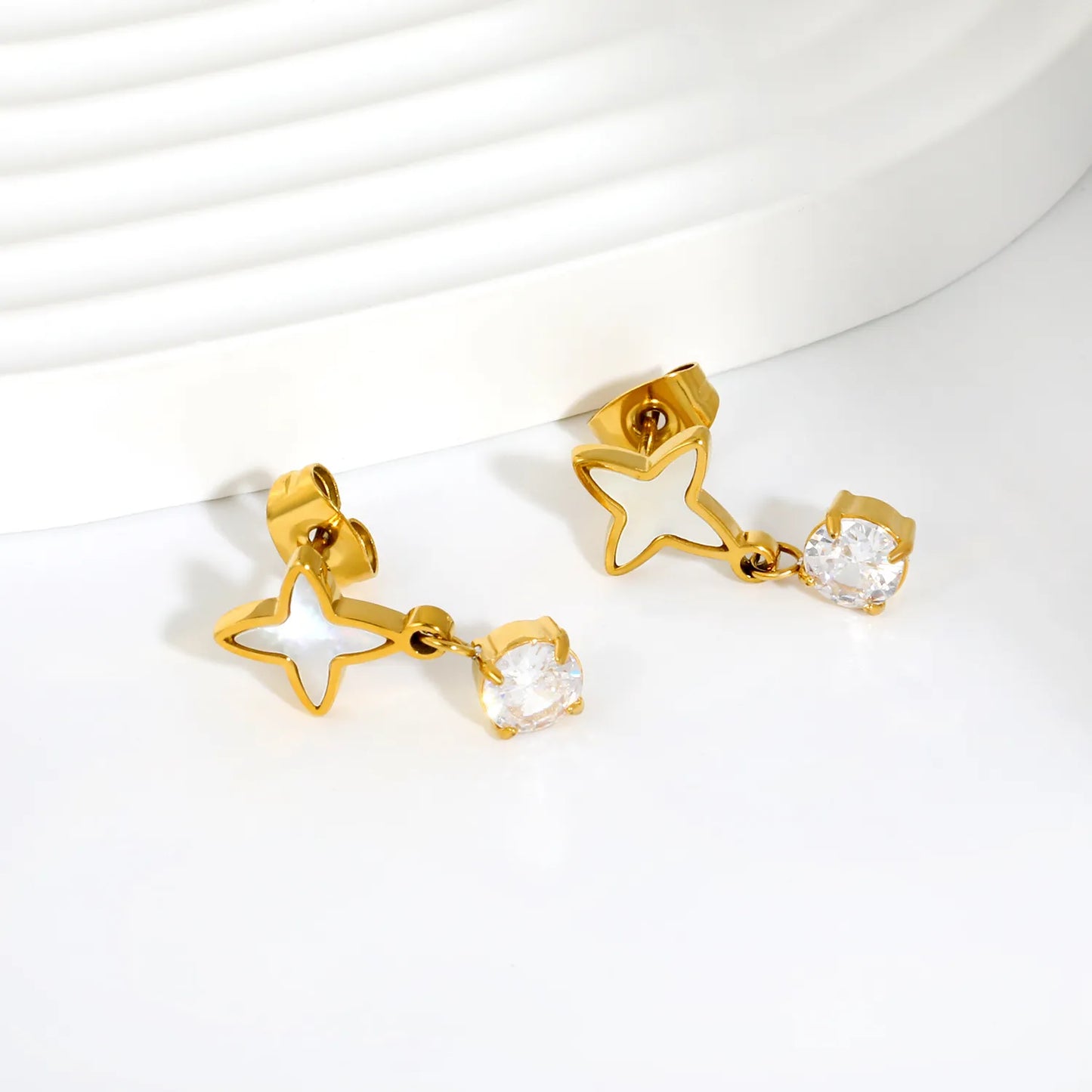 Four Point Star White Enamel Drop Stud Earrings | 18K Gold Plated Stainless Steel | Wholesale MOQ 12
