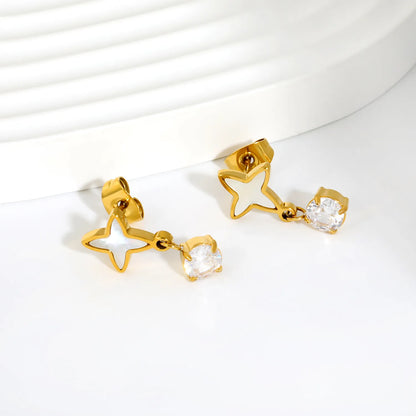 Four Point Star White Enamel Drop Stud Earrings | 18K Gold Plated Stainless Steel | Wholesale MOQ 12