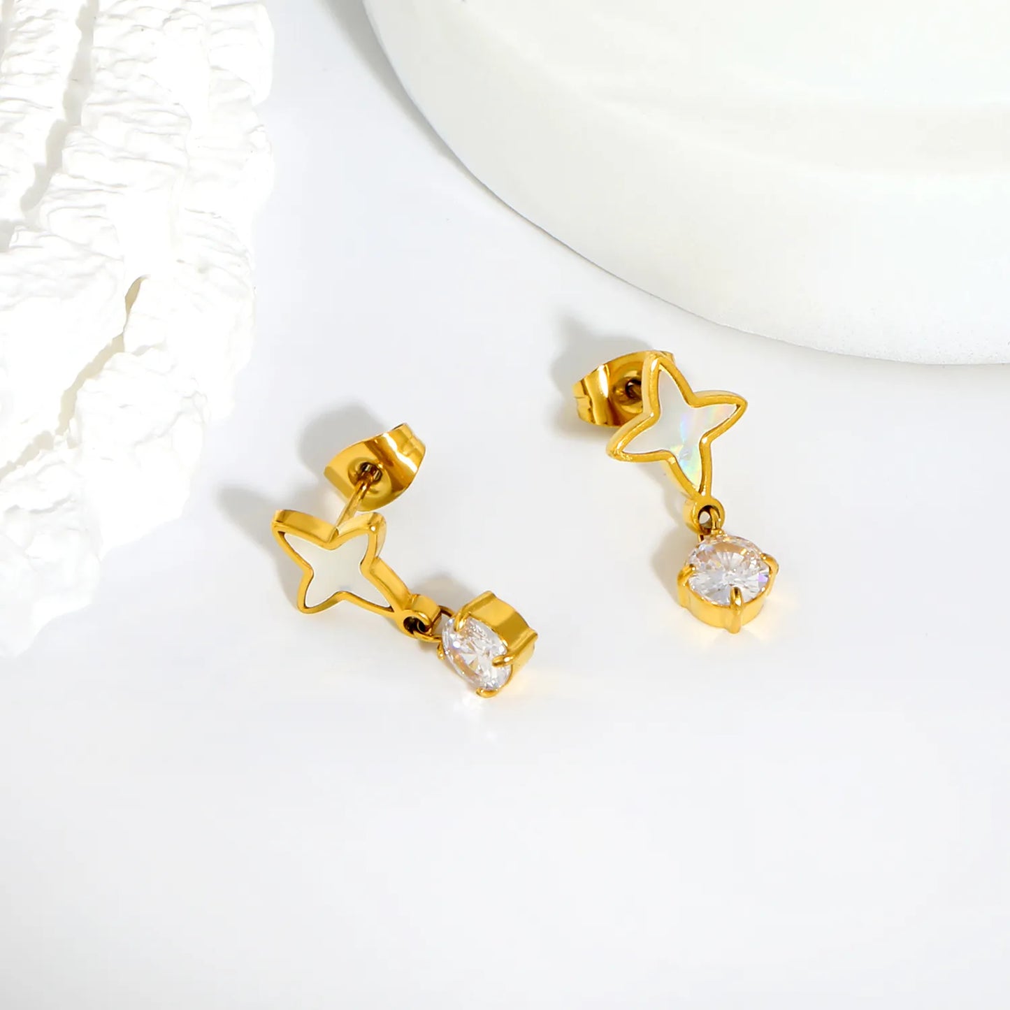 Four Point Star White Enamel Drop Stud Earrings | 18K Gold Plated Stainless Steel | Wholesale MOQ 12