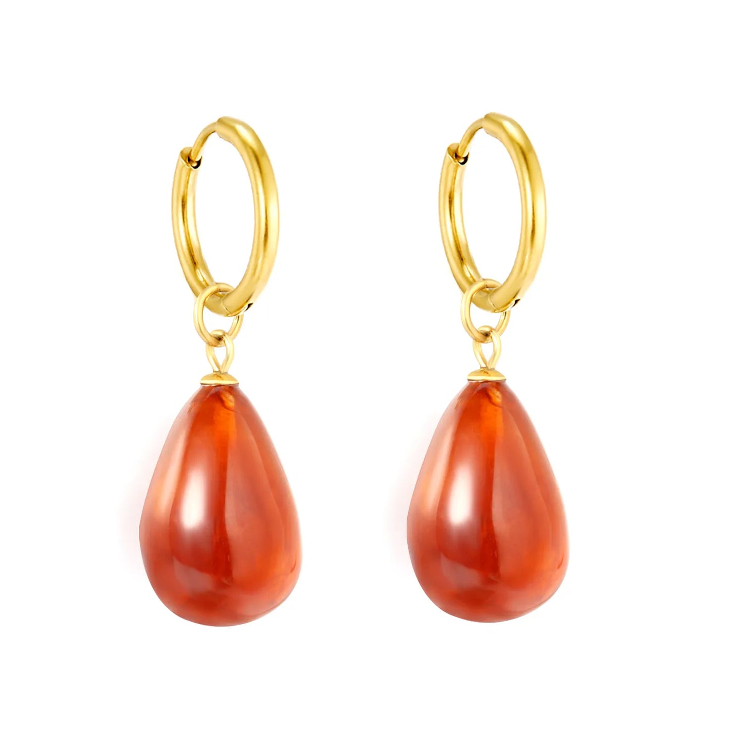 Teardrop Amber Resin Huggie Hoop Dangle Earrings 13×20mm Pendant | 18K Gold Plated  | Wholesale MOQ 12