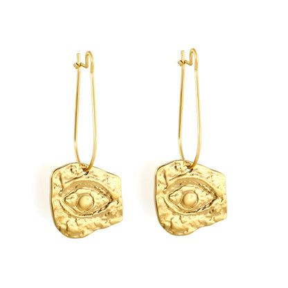 18K Gold Plated Stainless Steel Irregular Hammered Evil Eye Wire Hook Drop Earrings | Vintage Textured Eye Dangle Earrings | Wholesale MOQ 12