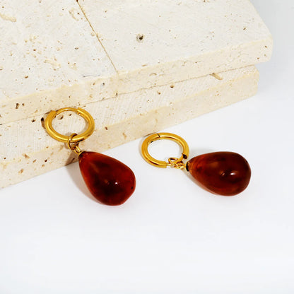 Teardrop Amber Resin Huggie Hoop Dangle Earrings 13×20mm Pendant | 18K Gold Plated  | Wholesale MOQ 12