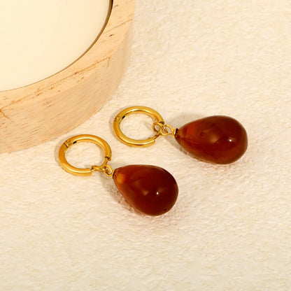 Teardrop Amber Resin Huggie Hoop Dangle Earrings 13×20mm Pendant | 18K Gold Plated  | Wholesale MOQ 12