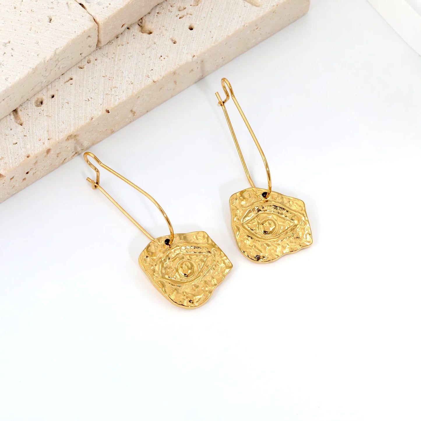 18K Gold Plated Stainless Steel Irregular Hammered Evil Eye Wire Hook Drop Earrings | Vintage Textured Eye Dangle Earrings | Wholesale MOQ 12