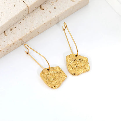18K Gold Plated Stainless Steel Irregular Hammered Evil Eye Wire Hook Drop Earrings | Vintage Textured Eye Dangle Earrings | Wholesale MOQ 12