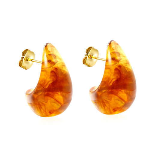Marbled Resin Curved Teardrop Stud Earrings | White & Tortoise Shell | 18K Gold Plated Stainless Steel Chunky C Shape Earrings MOQ 12