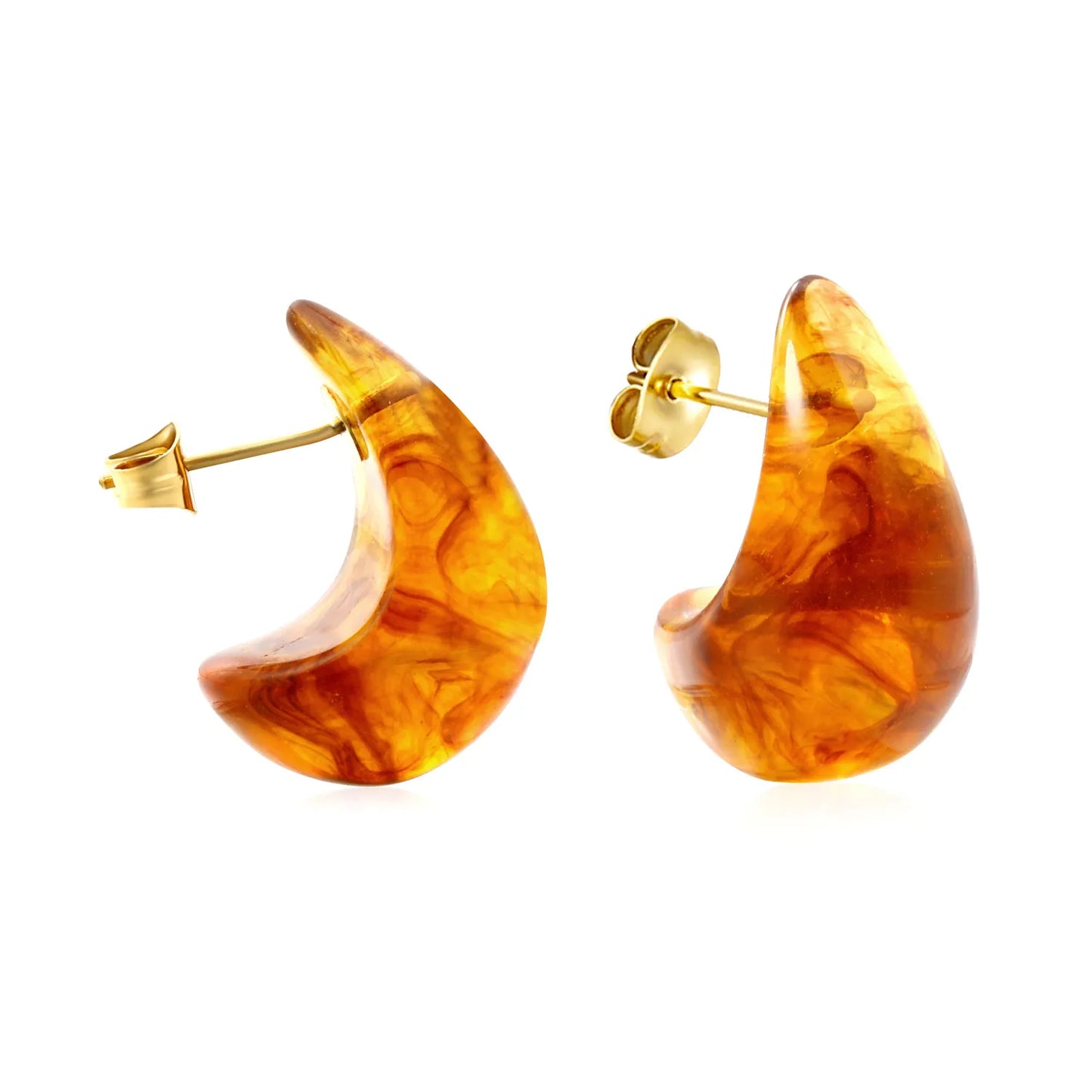 Marbled Resin Curved Teardrop Stud Earrings | White & Tortoise Shell | 18K Gold Plated Stainless Steel Chunky C Shape Earrings MOQ 12