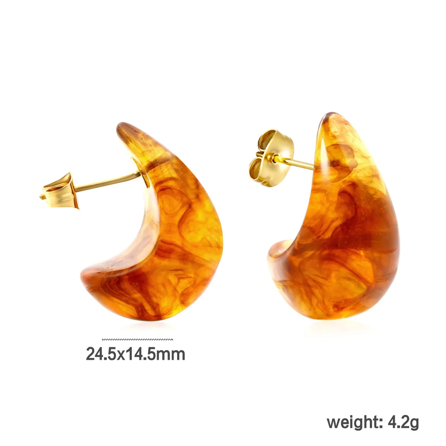 Marbled Resin Curved Teardrop Stud Earrings | White & Tortoise Shell | 18K Gold Plated Stainless Steel Chunky C Shape Earrings MOQ 12