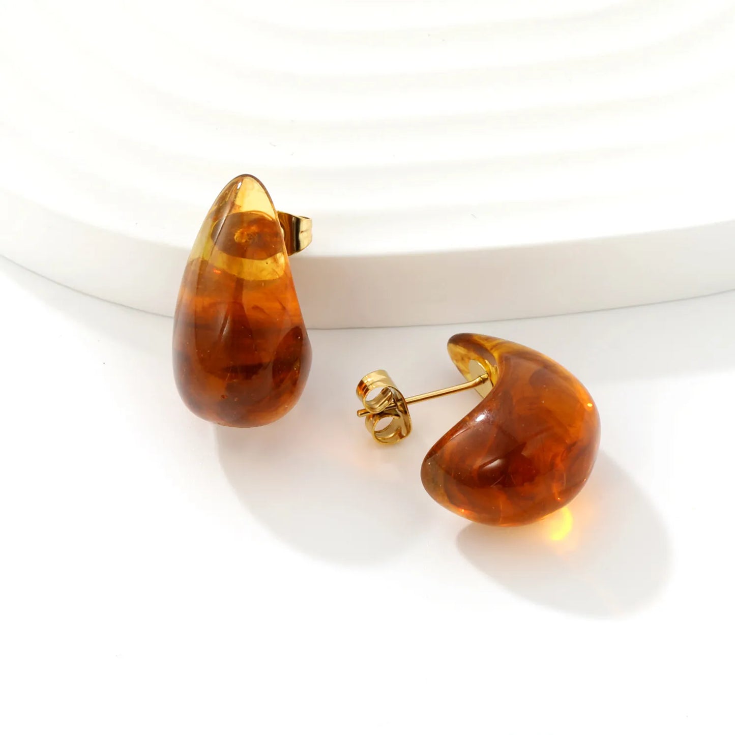 Marbled Resin Curved Teardrop Stud Earrings | White & Tortoise Shell | 18K Gold Plated Stainless Steel Chunky C Shape Earrings MOQ 12