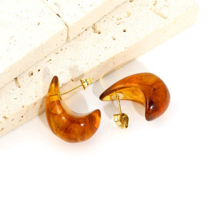 Marbled Resin Curved Teardrop Stud Earrings | White & Tortoise Shell | 18K Gold Plated Stainless Steel Chunky C Shape Earrings MOQ 12
