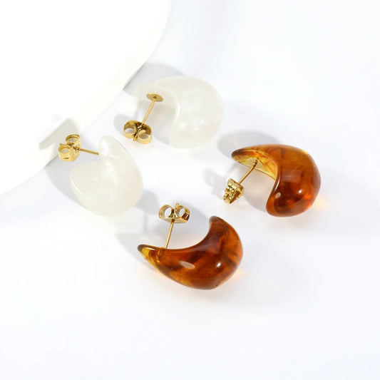 Marbled Resin Curved Teardrop Stud Earrings | White & Tortoise Shell | 18K Gold Plated Stainless Steel Chunky C Shape Earrings MOQ 12