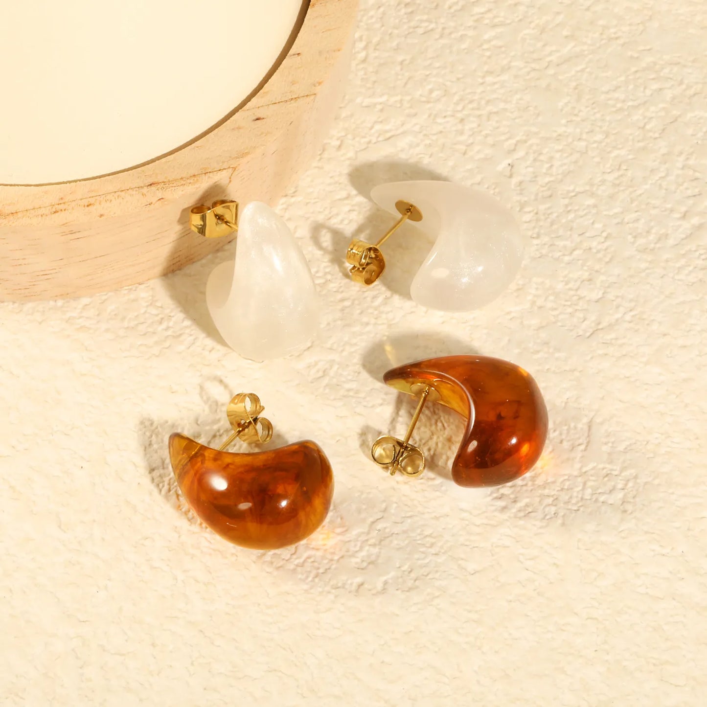 Marbled Resin Curved Teardrop Stud Earrings | White & Tortoise Shell | 18K Gold Plated Stainless Steel Chunky C Shape Earrings MOQ 12