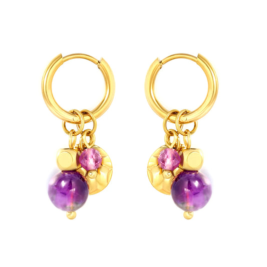 Wholesale Amethyst Bead Mixed Charms Dangle Huggie Hoop Earrings | 18K Gold Plated Stainless Steel Earrings Bulk Order MOQ 12