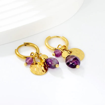 Wholesale Amethyst Bead Mixed Charms Dangle Huggie Hoop Earrings | 18K Gold Plated Stainless Steel Earrings Bulk Order MOQ 12